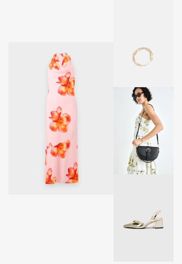 Hihaton maksimekko pehmeästä vaaleanpunaisesta kankaasta, jossa on suuria, eläviä oransseja ja punaisia kukkakuoseja. Kaulanauha-malli avokselta.; Kultaiset, metalliset slingback-kengät, joissa on teräväkärkiset ja paksut korot. Sileä pinta, minimalistinen muotoilu ja kapea hihna.; Musta nahkainen käsilaukku, joka on kaareva muotoilultaan, irrotettavalla hihnalla ja kultaisilla yksityiskohdilla. Laukussa on läppä, jossa on solk yksityiskohta.; Kultaketju, jossa on orgaaninen, kierretty muotoilu, sileä pinta ja cappatut päät, luoden modernin, veistoksellisen ilmeen.