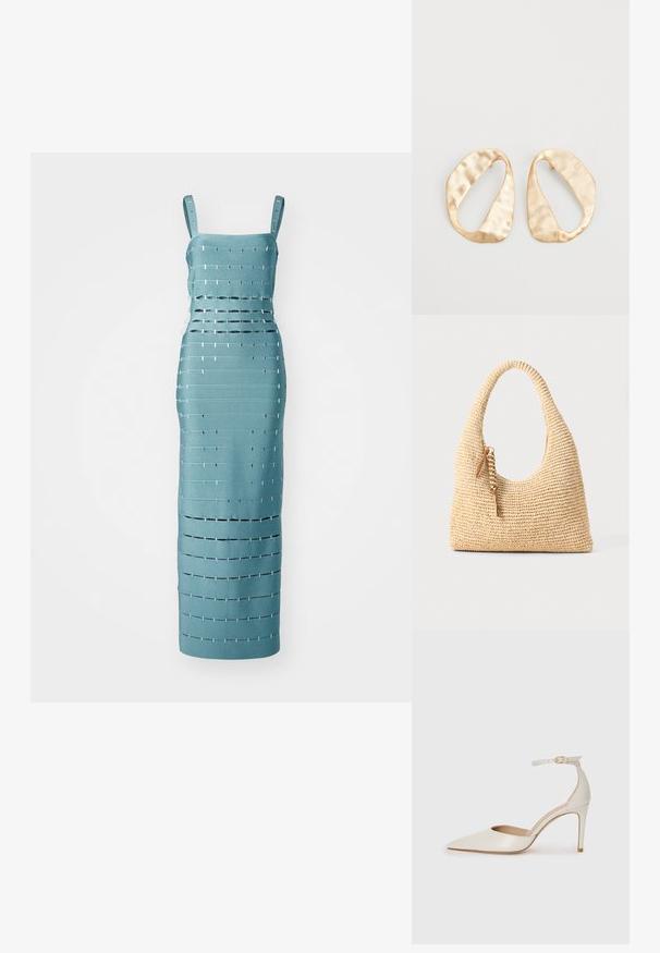 Egy tengerzöld, ujjatlan ruha, vízszintes és függőleges kivágásokkal, fémes részletekkel, amely testhez simuló sziluettet formál.; Fehér bőr, magassarkú cipő hegyes orral, bokapánttal és vékony tűs sarkal. Simaszövet, finom fényes felülettel.; Szőtt bézs kézitáska ívelt fogantyúval, textúrált felülettel és barna bojtos díszítéssel. Lazán lecsüngő, hobo stílusú forma jellemzi.; Egy pár szabálytalan, ovális formájú, aranyszínű fém fülbevaló, enyhén kalapált felülettel, fehér háttéren.