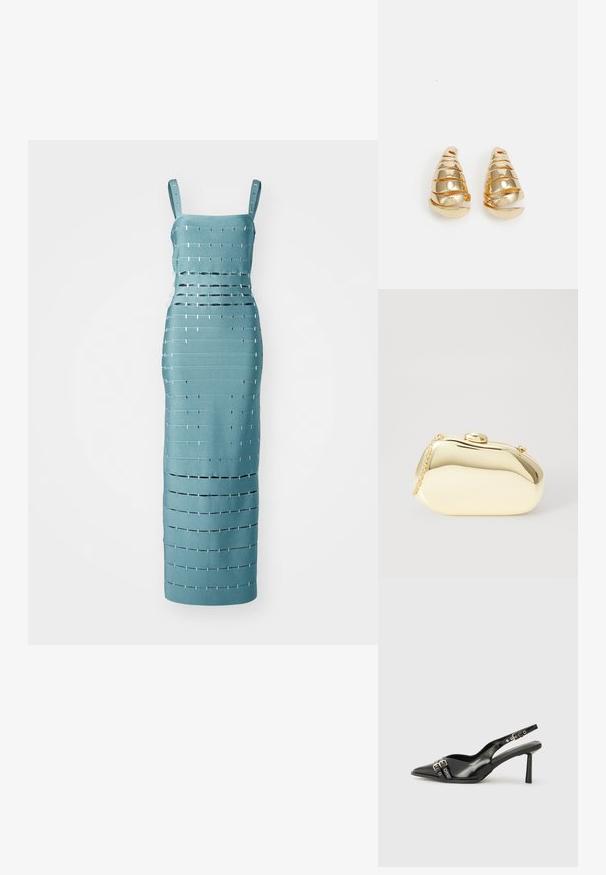 Tirkīza bez piedurknēm kleita ar horizontālām un vertikālām izgriezumiem, kas rotāti ar metāliskiem akcentiem, pielāgota pieguļošai siluetu.; Melnā patentēta ādas sandale ar norādītu purngalu, potītes siksniņām ar sudraba sprādzēm un aparatūru, kā arī smalku papēdi.; Metāliska zelta maciņš ar gludu, noapaļotu formu, aprīkots ar augšējo pogu aizdari un mazu ķēdes siksniņu ērtai nēsāšanai.; Zeltaini auskari, kas ir formas kā iegareni konusi ar spirāļu detaļām. Gluda virsma ar atstarojošu apdari, ar izliektiem akcentiem.