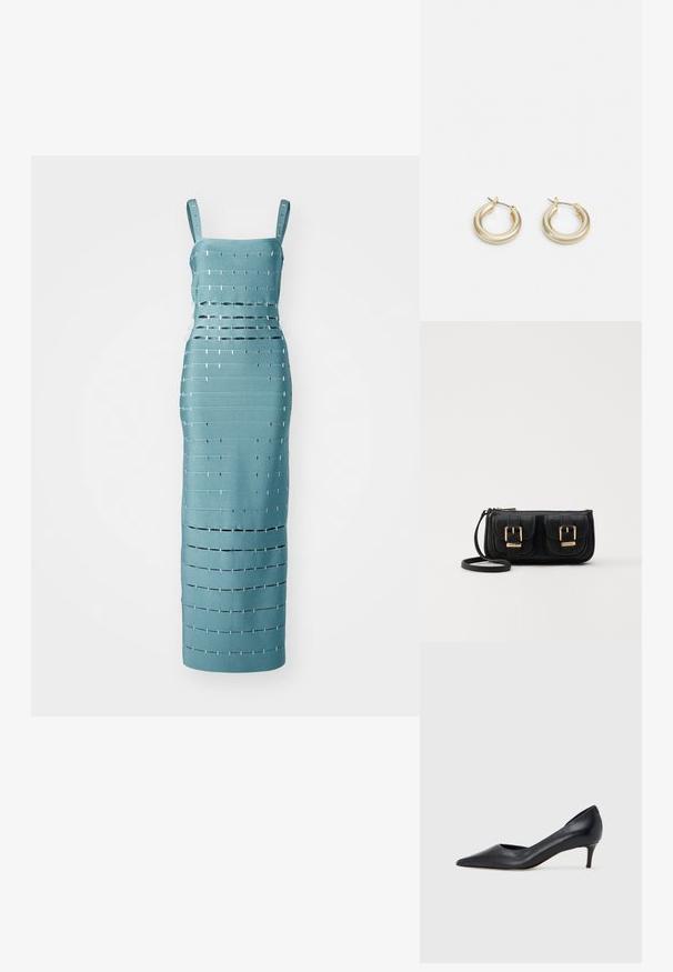 Türkiissinine ilma varrukateta kleit, millel on horisontaalsed ja vertikaalsed lõiked koos metallsete aktsentidega, kohandatud keha lähedusega siluetti.; Mustast nahast kontsakinga terava ninaga ja madala kontsaga. Omadused on sile pind ja peen läige. Esiosal on avatud lõige, mis lisab detaili.; Must küllastamata nahast õlakott, millel on kaks esist nähtavat taskut, kuldsed pandlad, tõmblukuga sulgemine ja peen rihm. Tekstuuriga pind ja kompaktne ristkülikukujuline kuju.; Lauren Ralph Lauren BASIC SMALL HOOP - Kõrvarõngad - gold-coloured