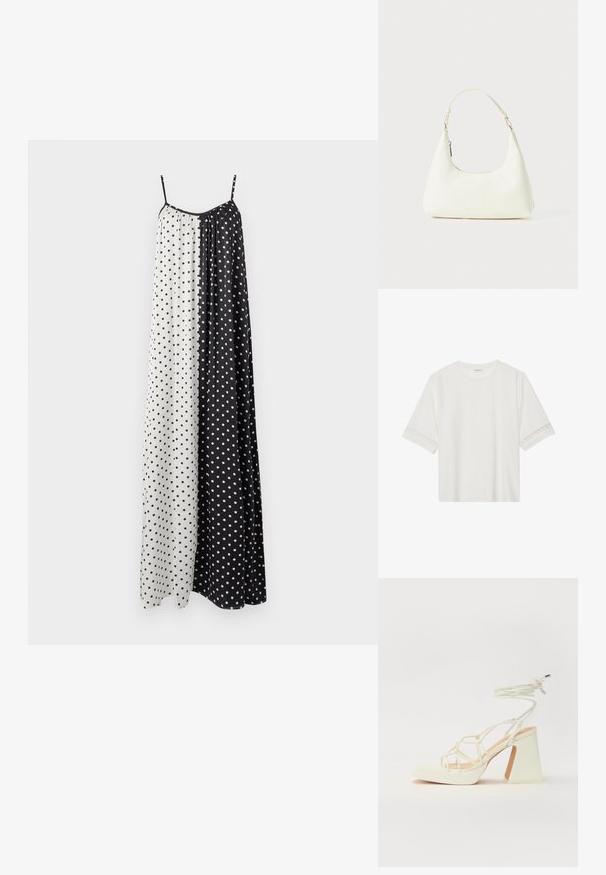 Bezpiegu kleita ar garām piedurknēm, kurai ir dalīta dizaina, melnbaltās daļās, katra rotāta ar mazām punktiņām. Viegls audums.; Balta īsām piedurknēm T-kreklu, izgatavotu no kokvilnas, ar dekoratīvu mežģīņu apdari ap piedurknēm un apaļu kakla izgriezumu.; Baltas augstpapēžu sandales ar masīvu papēdi, ar siksnu dizainu un potītes saistītiem elementiem. Gluda tekstūra ar platformu priekšpusē, lai nodrošinātu papildu augstumu.; Mazs balts plecu somiņš ar vienu regulējamu siksnu un rāvējslēdzēja aizdari, novietots uz vienkārša balta fona.