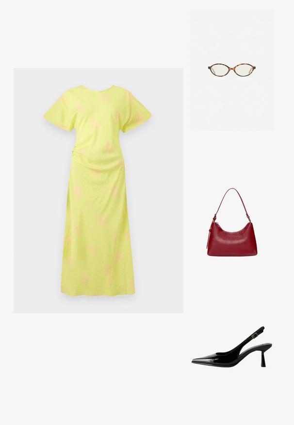 Sárga maxi ruha rövid, széles ujjal. Puha textúrával rendelkezik, és finom rózsaszín árnyalatok találhatók az anyagban. Ráncolt oldal részlet.; Fekete lakk bőr slingback pumpa hegyes orral, kivágott oldalakkal, állítható boka pánttal és vékony, elegáns sarkával.; Tortábar színű szemüveg ovális lencsékkel és sima, elegáns felülettel. Vékony szárakkal rendelkezik, amelyeken finom ív található a halántéknál. Átlátszó lencsék.; Piros bőrből készült válltáska ívelt formával, sima textúrával és cipzáras záródással. Kiváló, vékony fogantyúval rendelkezik a hordozás érdekében.