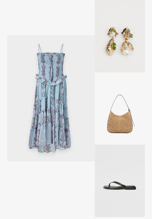 Abito maxi floreale in tessuto a righe blu, con corpino arricciato e orlo a balze. Presenta spalline sottili e motivi floreali in rosa e verde.; Infradito neri in pelle liscia, con un design a fascia sottile e una suola piatta dal profilo minimale. Nessun motivo o accento particolare.; Borsa a spalla in paglia intrecciata con forma curva, dotata di una tracolla in pelle scura e superficie testurizzata con motivo a zigzag.; Orecchini in tono dorato caratterizzati da forme irregolari e texture, adornati con gemme verdi e perle bianche, fissati con chiusure a clip.