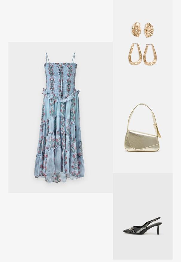 Florale maxi-jurk van blauwe gestreepte stof, met een gerimpelde buste en een gerimpelde zoom. Heeft spaghettibandjes en bloemmotieven in roze en groen.; Zwarte gepolijste leren slingback schoenen met een puntige neus, enkelbandjes met zilveren gespen en hardware, en een slanke hak.; Gouden metallic handtas met een gestructureerd ontwerp, gladde textuur en verstelbare schouderband. Kenmerkt zich door een unieke driehoekige vorm en minimalistische stiksels.; Gouden oorbellen met een getextureerd, golvend ontwerp. Bevat sculpturale clip-on studs en een open ringontwerp met een gehamerd oppervlak.