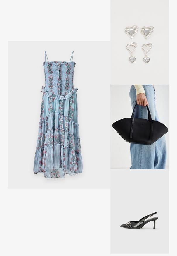 Květinové maxi šaty z modro pruhované látky, s nařaseným živůtkem a volánkovým lemem. Mají ramínka na spaghetti a květinové vzory v růžové a zelené barvě.; Černá lakovaná slingback obuv s špičatou špičkou, kotníkovými pásky s kovovými sponami a příslušenstvím, a štíhlým podpatkem.; Černá kožená kabelka s jedinečným tvarováním ve tvaru vějíře, vybavená plochými uchy. Povrch má jemně zrnitou texturu a minimalistický design.; Stříbrné náušnice ve tvaru srdce mají fasetované průhledné kameny a texturovaný rám. Sada zahrnuje styl pecek a visacích náušnic.