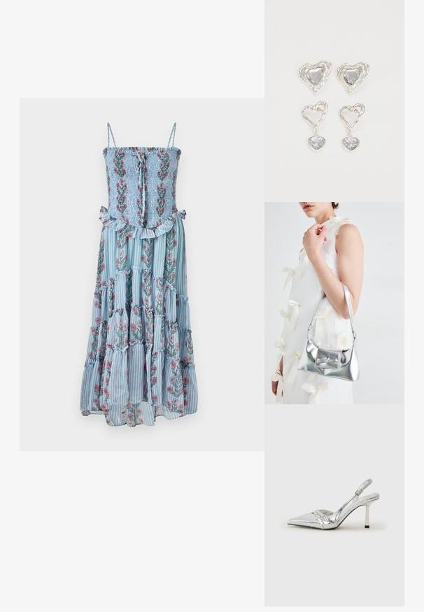 Blumen-Maxikleid aus gestreiften blauen Stoff, gerafftem Oberteil und Rüschensaum. Mit Spaghettiträgern und floralen Mustern in Rosa und Grün.; Silberner Slingback-High-Heel-Schuh mit spitz zulaufender Zehenpartie, metallic-finish, zwei dekorativen Riemen und einem schlanken Absatz mit schwarzer Spitze.; Silberne metallische Handtasche mit strukturierter Form, ausgestattet mit einem oberen Griff und einer Schleifenapplikation auf der Vorderseite. Glatte Textur, reflektierendes Finish.; Silberne herzförmige Ohrringe mit facettierten klaren Steinen und einem strukturierten Rahmen. Das Set umfasst Stecker- und Anhänger-Stile.