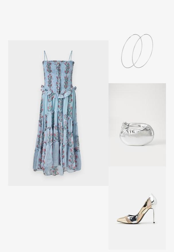 Floral maxi dress with blue striped fabric, smocked bodice, and ruffled hem. Features spaghetti straps and floral patterns in pink and green.; Pointed-toe high heel shoe with a silver, gold, and nude color scheme. Glossy finish with cutout design, featuring a stiletto heel.; Silver metallic pouch bag with a soft, rounded shape and a knotted top closure. Made from smooth faux leather material.; Silver hoop earrings with a minimalist design. Circular shape, smooth texture, and thin profile. Lightweight with a polished finish.