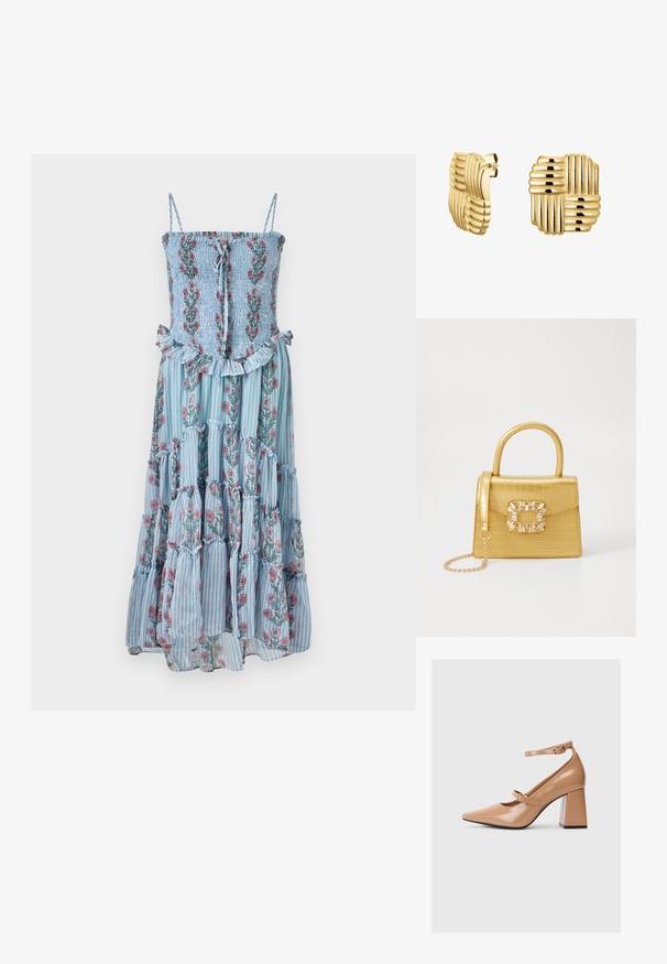 Kwiatowa sukienka maxi z niebieskim paskowanym materiałem, marszczonym gorsetem i falbaną na dole. Posiada ramiączka spaghetti oraz wzory kwiatowe w odcieniach różu i zieleni.; Beżowe lakierowane szpilki z wydłużonym noskiem, paskiem wokół kostki i masywnym kwadratowym obcasem. Gładka tekstura z błyszczącym wykończeniem.; Żółta torebka z faux-krokodylka o wyrafinowanej konstrukcji, z górnym uchwytem, odpinanym łańcuszkiem oraz dekoracyjnym kryształowym zdobieniem na zapięciu.; Złote kolczyki w kształcie kwadratu, z wyraźnymi poziomymi i pionowymi rowkami, które dodają faktury i detali wzoru. Zapięcie na klips.
