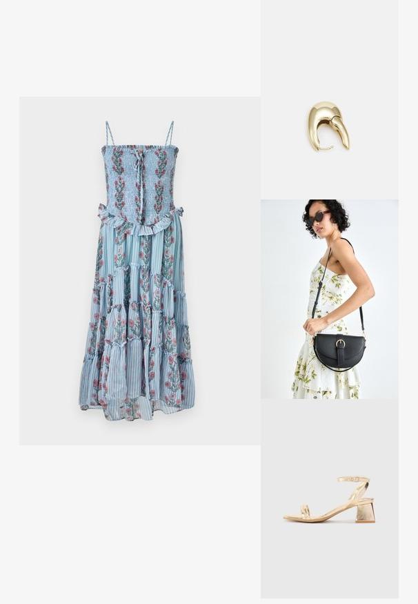 Robe maxi florale en tissu rayé bleu, avec un buste smocké et un ourlet à volants. Comprend des bretelles spaghetti et des motifs floraux en rose et vert.; Sandale à talon en métal doré avec un talon bloc angulaire, deux bandes sur le pied et une bride de cheville réglable. Texture lisse.; Sac à main en cuir noir avec une forme courbée, bandoulière amovible et des accessoires en or. Le sac est doté d'un rabat avec un détail de boucle.; Boucle d'oreille en métal doré avec un design élégant et courbé. Présente une forme conique distinctive, une surface polie et une fermeture à charnière.