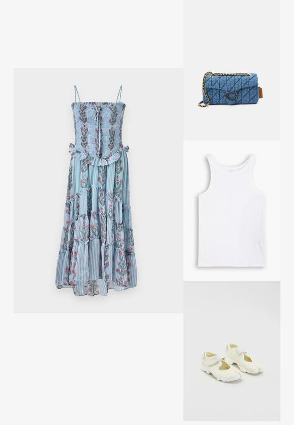 Florale maxi-jurk van blauwe gestreepte stof, met een gerimpelde buste en een gerimpelde zoom. Heeft spaghettibandjes en bloemmotieven in roze en groen.; Witte katoenen tanktop met brede schouderbanden, een ronde halslijn en een gladde, geribbelde textuur. Geen patronen of accenten aanwezig.; Witte mesh schoenen met een gestructureerd ontwerp, voorzien van een klittenbandsluiting en uitsparingen aan de zijkanten, textielstof en een chunky zool.; Blauwe gewatteerde denim schoudertas met een gouden kettingstrap en een opvallend gouden logo accent op de voorkant. Compact rechthoekig van vorm.