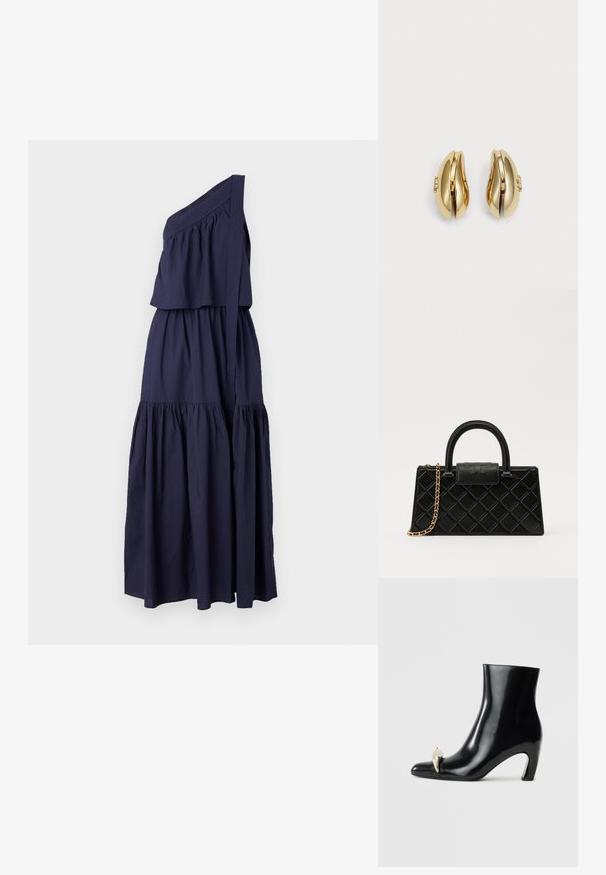 Vanessa Bruno CORA - Maxi dress - encre; Black ankle boot made of glossy leather, featuring a pointed toe and a decorative gold and silver accent at the front. Block heel design.; Black handbag made of textured leather, featuring a diamond pattern, gold-tone chain strap, and a top handle with a logo-embossed flap closure.; Gold-tone earrings with a flowing, curved design. Each earring features a smooth surface and a small clasp with a decorative detail.