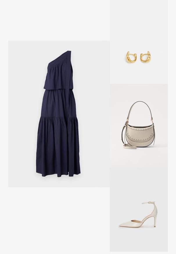 Vanessa Bruno CORA - Velika haljina - encre; Bijela kožna visoko potpetica s oštrim vrhom, remenom oko članaka i tankom stiletto potpeticom. Glatka tekstura s blagim sjajnim završetkom.; Vanessa Bruno MINI DAILY BAG - Ručna torba - ivoire; Zlatne naušnice u obliku prstena s glatkim, zaobljenim dizajnom i sjajnom površinom. Naušnice imaju kompaktan, čvrst oblik i bešavni kopč.