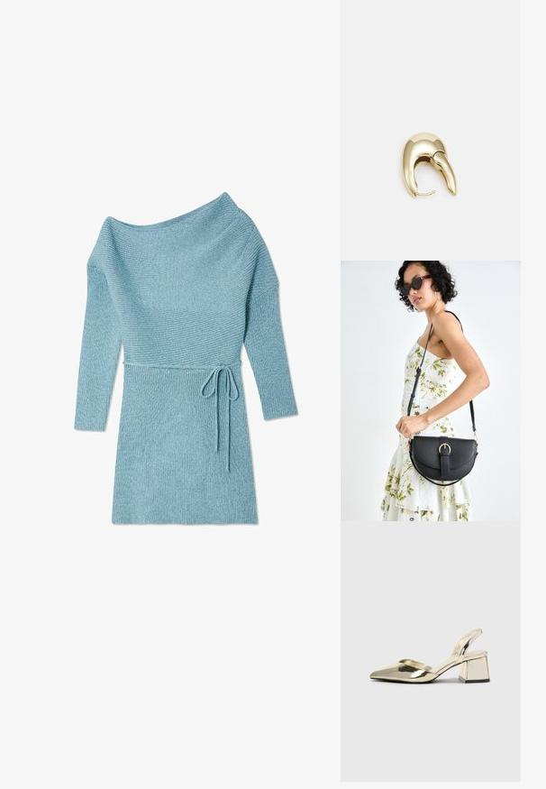 Világoskék kötött ruha laza, vállról lelógó dekoltázzsal, bordázott textúrával, hosszú ujjakkal és fűzéssel a deréknál.; Arany, fémből készült slingback sarkú cipők hegyes orral és vastag sarokkal. Simaság, minimalista design és keskeny pánt jellemzi.; Fekete bőrtáska ívelt formával, levehető pánttal és arany színű fémrészekkel. A táskán egy csattal díszített fedél található.; Aranyszínű fém fülbevaló, elegáns, ívelt formával. Különleges hegyes alak, fényes felszín és zsanéros záródás jellemzi.