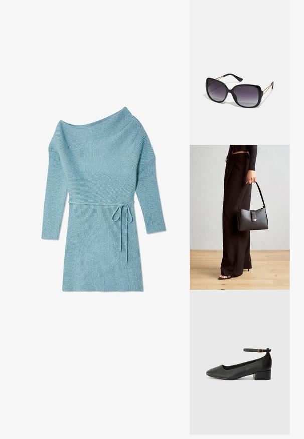 Pletena obleka v svetlo modri barvi z ohlapnim izrezom, ki pada s ramen, rebrasto teksturo, dolgimi rokavi in zavezo na pasu.; Črne usnjene pumpice z nazobčanimi prsti in nizko blokasto peto. Imajo trak okoli gležnja z zaponko v zlatem tonu. Gladka tekstura.; Črne prevelike sončne očala z degradacijskimi lečami, debelimi okvirji in zlatimi verižicami na ročajih.; Črna torbica z strukturirano obliko, gladko teksturo in kovinskim zaponko. Ujemajo se z širokimi črnimi hlačami in odprtimi sandali na lesenem tleh.