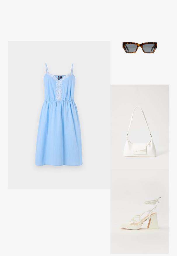 Svetlo modra bombažna poletna obleka z nastavljivimi ramenskimi trakovi, V-izrezom in belim čipkastim okrasom spredaj, z nabranim pasom.; Bela sandala na visokih petah s debelim petam, ki ima obliko trakcev in vezanje okoli gležnja. Gladka tekstura z platformo spredaj za dodatno višino.; Želve očala s angularnimi okvirji, sivi leči in gladko površino. Imajo drzen geometrijski dizajn in debele tempeljne.; Bela sintetična torbica v obliki trikotnika, z ravnim sprednjim poklopcem in detajlom mašne, nastavljivim trakom, gladko teksturo in minimalističnim dizajnom.