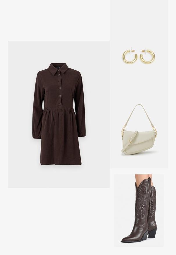 Καφέ κοτλέ φόρεμα με γιακά, μακρυά μανίκια, κουμπωτό μπροστινό μέρος και συγκεντρωμένη μέση με φουσκωτό φούστα.; Καφέ δερμάτινες καουμπόικες μπότες με μυτερή μύτη και τετράγωνη σόλα, με λεπτομερή ραφή και ανυψωμένα στοιχεία στον κορμό.; Μικρή κρέμα τσάντα χεριού με υφή, μακριά ρυθμιζόμενη λουρί, αλυσίδα ως διακόσμηση και κλείσιμο με καπάκι. Χρυσές λεπτομέρειες.; Χρυσά σκουλαρίκια κρίκοι με ομαλή, γυαλιστερή επιφάνεια. Κυκλικός σχεδιασμός που διαθέτει μια μικρή βάση και διαφανή στήριξη για ασφαλή χρήση.