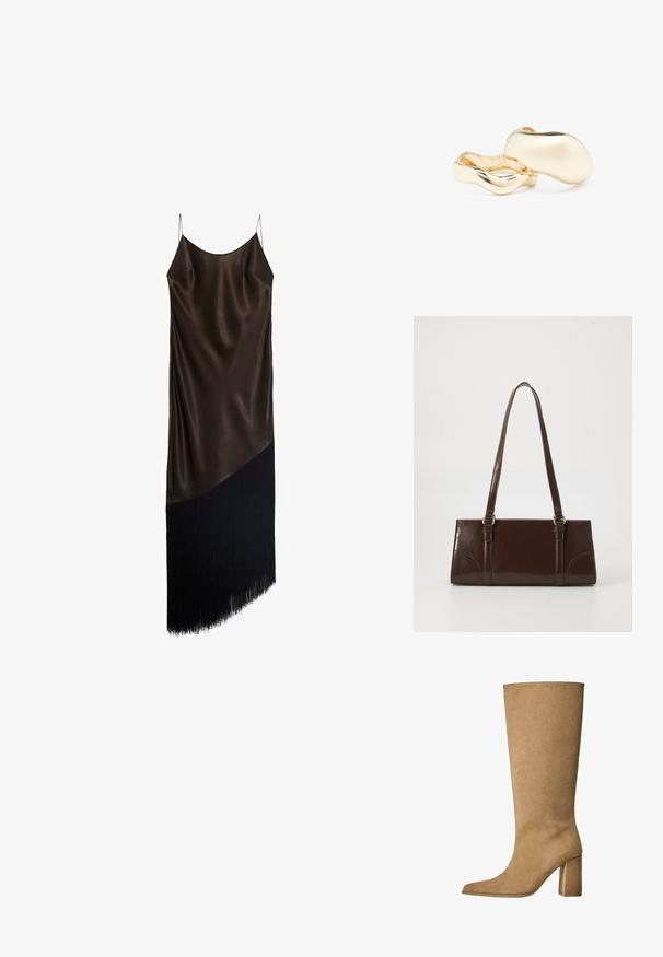 Satin slipkjole i mørkebrun, med en kropsnær pasform, asymmetrisk nederste kant og frynse detajle i sort.; Tan ruskinds knæhøje støvler med blokhæle, der har en spids tå og en glat overflade. Minimalistisk design uden udsmykninger.; Brun lakeret håndtaske med rektangulær form, to lange håndtag og subtile buede detaljer på fronten.; Guldfarvede øreringe med en organisk, bønneformet silhuet og en glat, reflekterende overflade; har et minimalistisk design uden synligt hardware.