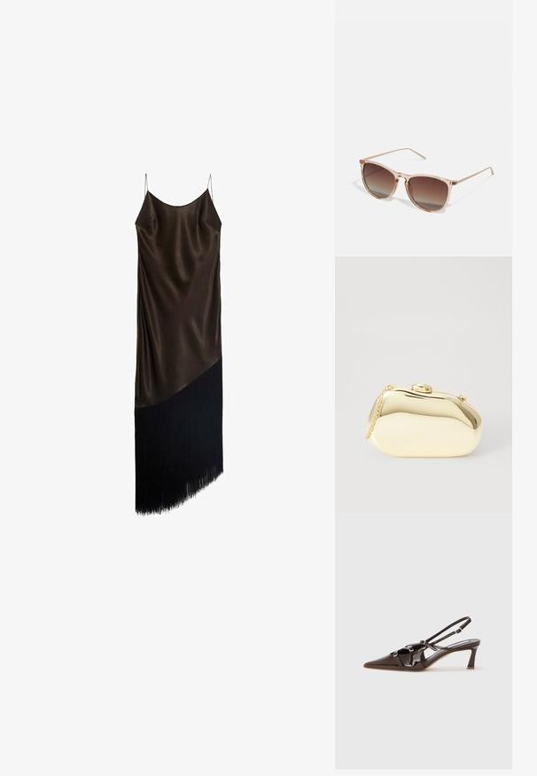 Satin haljina bez rukava u tamnosmeđoj boji, s oblikom koji se prilagođava tijelu, asimetričnom donjom ivicom i detaljem od rese u crnoj boji.; Smeđe patent kožne slingback cipele s uskim vrhom, podesivim trakama i dekorativnim kopčama sprijeda. Visina potpetice od 3 inča.; Smeđe gradient sunčane naočale s prozirnim ružičastim okvirom, kvadratnog oblika i tankim metalnim ručkama. Imaju zaobljene ivice i minimalne detalje.; Metalni zlatni clutch s glatkim, zaobljenim oblikom, s gornjim kopčom na dugme i malim lancem za nošenje.