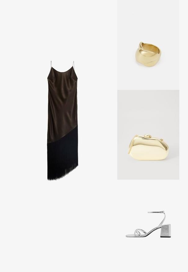 Robe nuisette en satin marron foncé, présentant une coupe ajustée avec un ourlet asymétrique et un détail à franges noir.; Sandales argentées à talon carré, avec de fines brides croisées et une sangle de cheville réglable. Fini métallique lisse.; Pochette métallique dorée avec une forme lisse et arrondie, dotée d'un fermoir à bouton supérieur et d'une petite chaîne pour le transport.; Bague couleur or avec un design lisse et torsadé. Présente une surface brillante et des bords arrondis, créant une forme fluide et homogène.