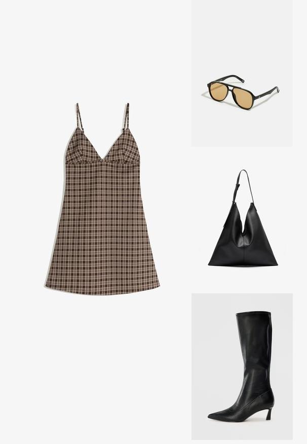 Rochie în carouri maronii și bej, cu bretele subțiri, având un decolteu în V și o croială lejeră. Confecționată dintr-un material ușor, cu o textură netedă.; Cizmă înaltă din piele neagră, cu vârf ascuțit și un toc modest. Textură netedă și design elegant, cu detalii de coasere subtile.; Ochelari de soare negri cu lentile de culoare maro; formă rectangulară cu un cadru gros, inclusiv accente hardware subtile pe mânere.; Geantă de umăr triangulară din piele neagră, cu o singură curea de umăr ajustabilă și o structură moale, ușor lăsată.