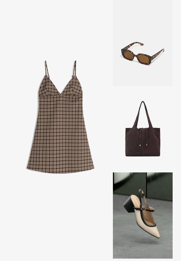 Smeđa i bež karirana haljina s tankim naramenicama, koja ima dekolte u obliku slova V i opušteni kroj. Izrađena od lagane tkanine s glatkom teksturom.; Bež cipele s otvorenom petom i šiljastim vrhom, crnim obrubom, zlatnom kopčom i debelim blok-petom na sivom podu s tamnozelenom pozadinom.; Tortoiseshell naočale s okvirima u obliku kruga i debelom konstrukcijom, te smešnim lećama. Imaju suptilne uzorke i ravne, sužene nogice.; Mango Velika torba - dark brown