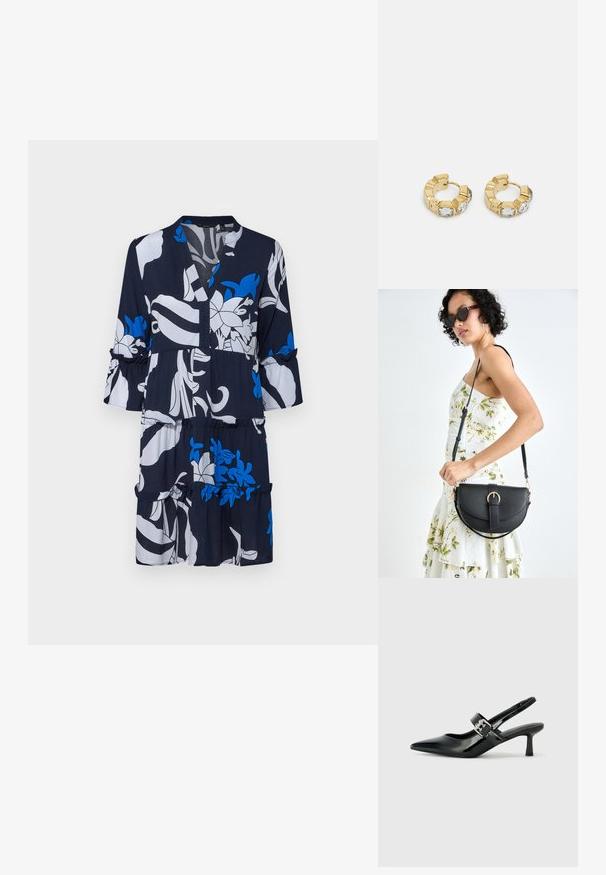 Námorně modré šaty s bílými a modrými květinovými vzory, V-výstřih, tříčtvrteční rukávy a volánkový lem s elastickým pasem.; Černé lakované boty na podpatku typu slingback s špičatou špičkou a malým blokovým podpatkem, které mají na pásku stříbrný přezkový akcent.; Černá kožená kabelka s křivkovým tvarem, odnímatelným popruhem a zlatými detaily. Kabelka má klopu s přezkou.; Zlaté kruhové náušnice s texturovaným designem a třemi jasnými krystalovými akcenty na jedné straně, které nabízejí moderní geometrickou estetiku.