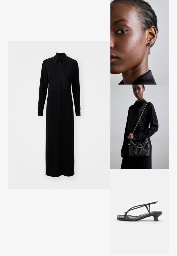 Čierne šaty s dlhým rukávom, ktoré majú zapínanie na gombíky, klasický golier a rovný siluetu vyrobené z hladkej látky.; Čierne kožené sandále s tenkými remienkami, nízkym blokovým opätkom a štvorcovou špičkou. Majú pracku na uzatvorenie a hladký povrch.; Čierna prešívaná kožená kabelka s naťahovacím vrchom, zlatým reťazovým popruhom a obdĺžnikovým tvarom, držaná pred jednoduchým pozadím.; Zlaté kvetinové náušnice s hmotným čiernym stredom a jemnými detailmi. Modelka má na boku viditeľnú čistú pleť a zapletené vlasy.