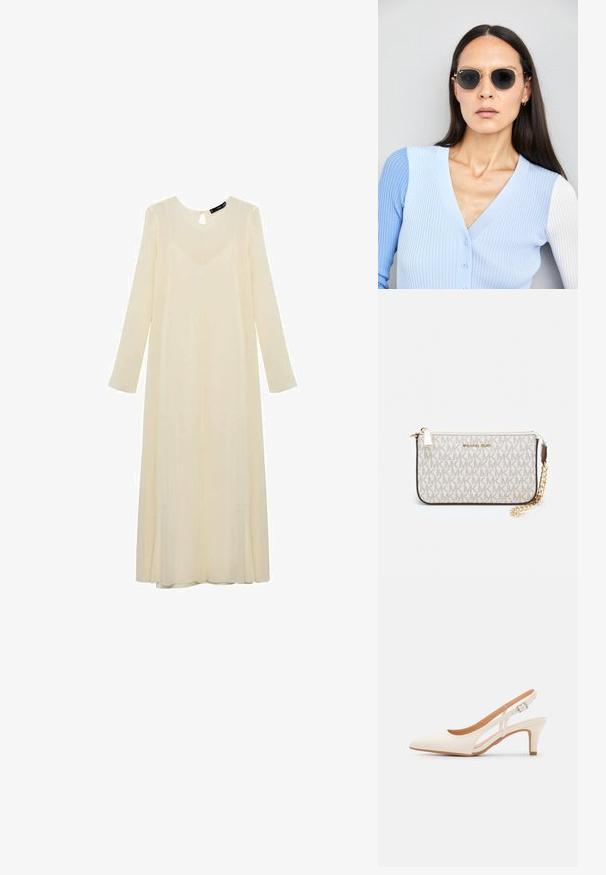 Robe longue à manches longues couleur crème avec décolleté en œillets, fabriquée en tissu léger, présentant une silhouette fluide et un léger éclat.; Talons aiguilles blanches à bride arrière avec un bout pointu, un dessus lisse, un petit talon carré et un design avec découpes latérales et sangle réglable.; Lunettes de soleil rondes avec verres sombres et monture en or. Le modèle porte un cardigan à côtes bleu clair avec des boutons et des manches blanches contrastantes.; Porte-monnaie Michael Kors en toile enduite beige avec un motif répété de logo MK, des accessoires en or et une bandoulière en chaîne amovible.