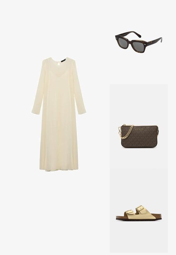 Vestido largo de manga larga color crema con escote en forma de obertura, hecho de una tela ligera, que presenta una silueta fluida y un brillo sutil.; Sandalias de cuero vegano doradas con dos correas ajustables, plantilla de corcho y suela de goma oscura. Textura suave con acabado metálico.; Gafas de sol rectangulares con montura de plástico de carey, lentes oscuros y acentos plateados en los laterales. Hechas en Italia.; Bolso bandolera de cuero marrón con patrón de logotipos, correa de cadena dorada, cierre de cremallera y detalles en dorado. Forma compacta y rectangular.