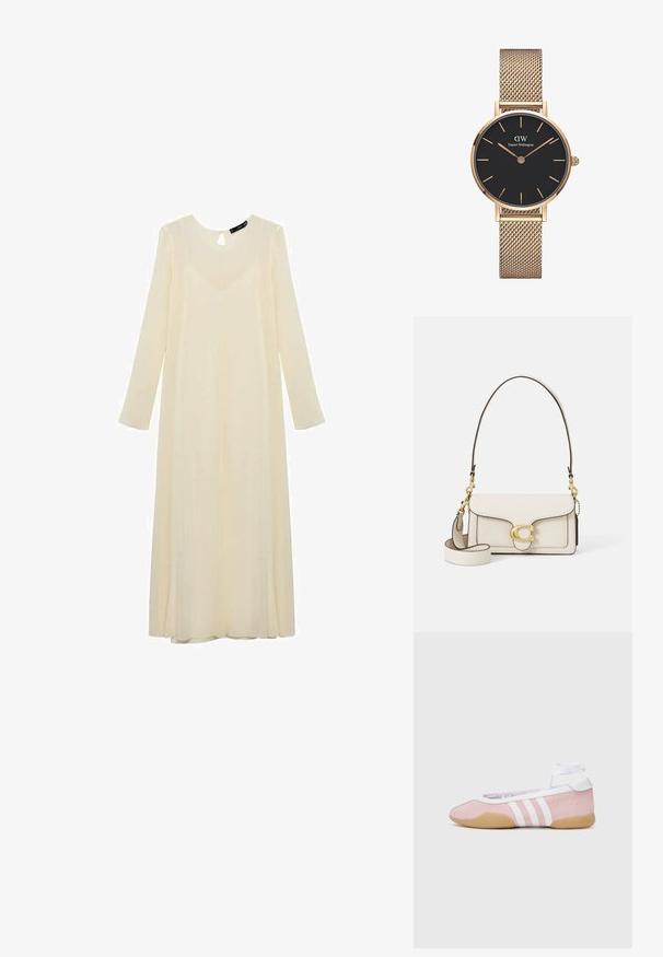 Abito lungo a maniche con scollo a chiave, realizzato in tessuto leggero, con una silhouette fluida e una leggera lucentezza.; adidas Originals TAEKWONDO MEI BALLET - Sneakers basse - clear pink/ftwr white/gum; Borsa a mano in pelle crema con un design strutturato, bordi neri a contrasto, hardware dorato e tracolla rimovibile con logo distintivo.; Orologio con cinturino in rete d'oro di Daniel Wellington, quadrante rotondo nero, indici delle ore dorati e logo alle 12. Design semplice ed elegante.