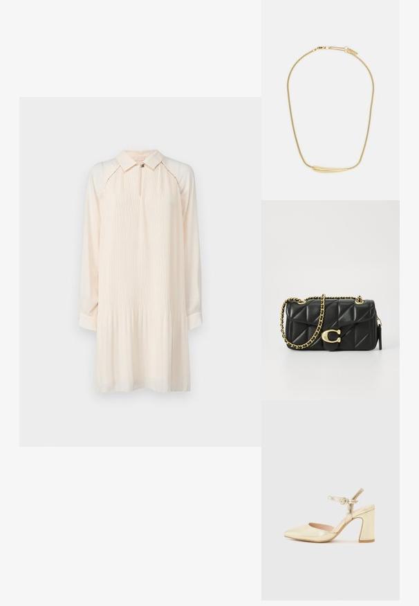 LIU JO ABITO - Rochie de zi - naturale; Pantof metalic auriu cu toc, varf ascutit, curea pentru glezna cu un sistem de prindere circular si un design cu toc chunky. Textura neteda.; Poșeta neagră din piele matlasată cu o curea din lanț auriu și un închizător cu toggle care are un accent circular. Formă compactă și rectangulară.; Colier placat cu aur, cu un accent central neted și curbat. Dispune de o chaină flexibilă cu un închizător tip homar și link-uri suplimentare ajustabile.