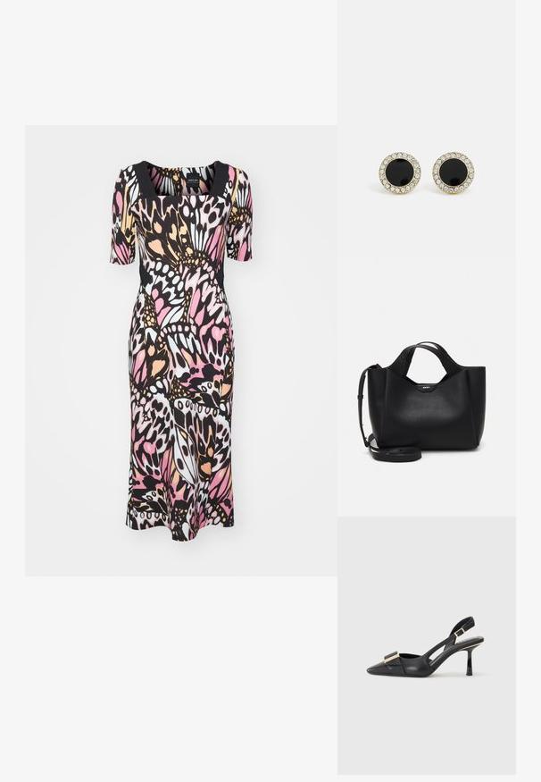 Dažādu krāsu kleita ar kvadrātveida kakla izgriezumu un īsām piedurknēm. Izgatavota no elastīgas auduma, kasrotājums ar tauriņu rakstu rozā, melnā un baltā krāsā.; Melnas ādas slingback kurpes ar smailu purngalu, slaidu papēdi un zeltītām detaļām uz priekšas daļas. Gluda tekstūra un strukturēts dizains.; Melna ādas rokassomu ar teksturētu apdari, stūrainu formu, divām rokturiem un regulējamu plecu siksnu. Iezīmē DKNY logotipa akcentu.; DKNY INLAY STUD - Auskari - black/gold-coloured