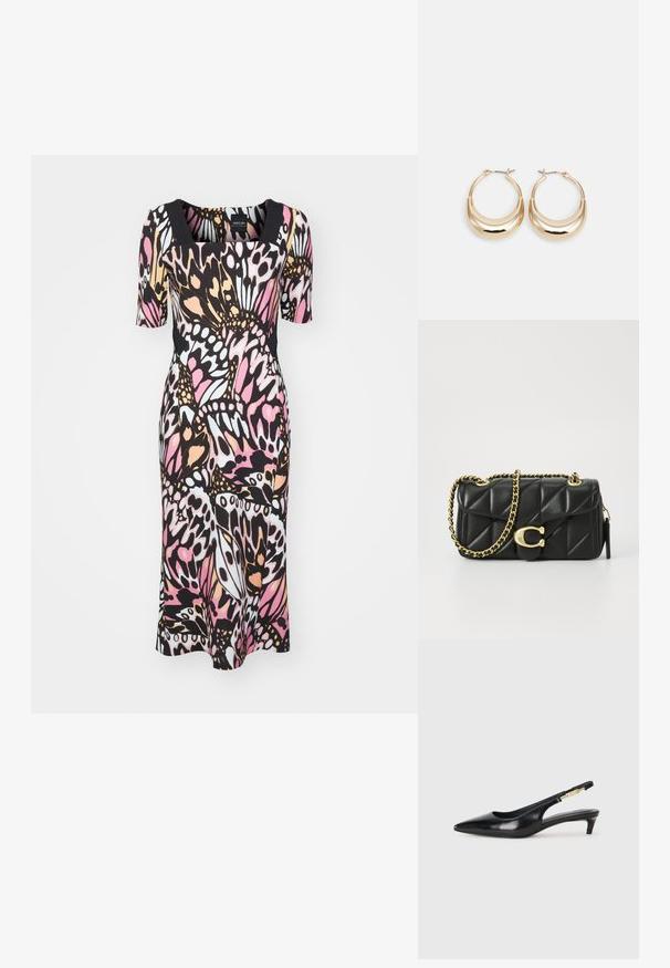 Un vestido multicolorido con escote cuadrado y mangas cortas. Confeccionado en una tela elástica con un estampado de mariposas en rosa, negro y blanco.; Tacones negros de piel sintética tipo slingback con punta afilada, que cuentan con un tacón delgado y un detalle en tono dorado en la correa ajustable. Textura suave.; Bolso de mano de cuero negro acolchado con una correa de cadena dorada y un cierre de toggle con un acento circular. Forma rectangular compacta.; Pendientes de aro en tono dorado con forma de media luna, superficie pulida y cierre tipo bisagra. La textura suave y el acabado reflectante mejoran la visibilidad.