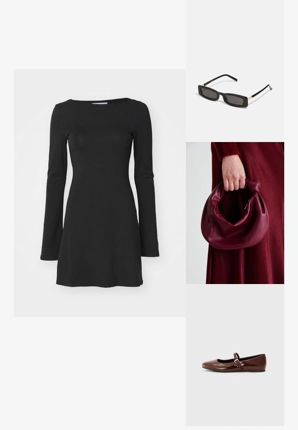 Vestido preto de manga longa feito de um tecido suave e elástico; possui um decote redondo e uma silhueta espalhada, adequado para uso casual.; Ballet flat de verniz castanho com bico quadrado e tira com uma pequena fivela dourada. Textura suave, salto baixo e design minimalista.; Óculos de sol retangulares pretos com lentes escuras, armações de plástico brilhante e detalhes em dourado nas templetas. Design minimalista e forma elegante.; Bolsa de couro bordô com um design suave e franzido, e uma forma arredondada. A alça é fixa, apresentando uma textura suave.