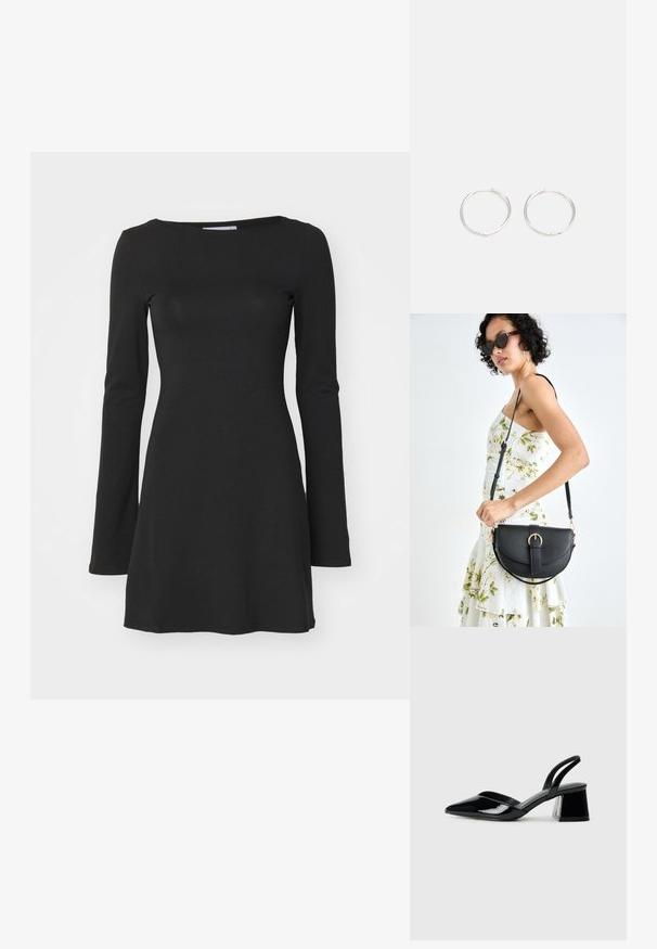 Musta pitkähihaine mekko, joka on tehty pehmeästä, joustavasta kankaasta; siinä on pyöreä pääntie ja levenevä siluetti, joka sopii arkivaatteisiin.; Mustat patentoitu nahkakengät, joissa on säären takaosa ja terävä kärki, sekä geometrinen palikkakorko. Sisältää tyylikkään, minimalistisen muotoilun ja sileän pinnan.; Musta nahkainen käsilaukku, joka on kaareva muotoilultaan, irrotettavalla hihnalla ja kultaisilla yksityiskohdilla. Laukussa on läppä, jossa on solk yksityiskohta.; Hopea rengas korvakorut, joissa on tyylikäs, pyöreä muotoilu, tasainen pinta ja ilman näkyviä koristeita. Halkaisija ei ole määritelty.
