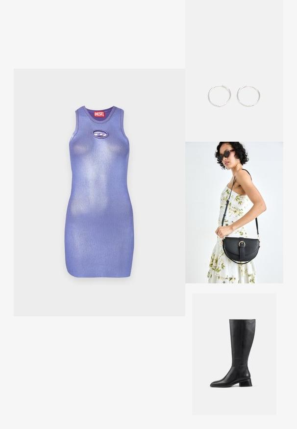 Robe en maille côtelée violette avec un col rond et détail de découpe en forme de clé. Design élégant et cintré. Nom de la marque affiché sur l'étiquette.; Bottillon en cuir noir hauteur genou avec un bout arrondi et un petit talon carré. Présente une texture lisse et des détails de couture minimaux.; Sac à main en cuir noir avec une forme courbée, bandoulière amovible et des accessoires en or. Le sac est doté d'un rabat avec un détail de boucle.; Boucles d'oreilles en argent avec un design rond et épuré, présentant une surface lisse et sans embellissements visibles. Diamètre non spécifié.