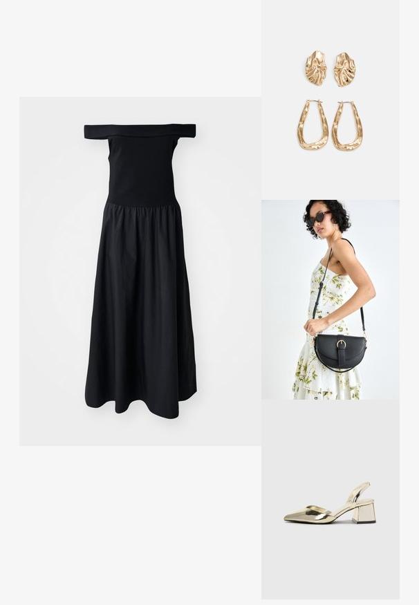 Črna obleka brez naramnic z oprijetim korzetom in ohlapno nabornim krilom, izdelana iz lahkega materiala. Gladka tekstura, do kolen.; Zlati, kovinski slingback čeveljci z ostrim nosom in masivnim peto. Gladka tekstura, minimalistična zasnova in ozka zanka.; Črna usnjena torbica s ukrivljeno obliko, z odstranljivo naramnico in zlatimi dodatki. Torbica ima pokrov s podrobnostmi v obliki zaponke.; Zlato obarvani uhani z teksturiranimi, valovitimi oblikami. Vključujejo skulpturalne sponke za ušesa in odprto obliko obročka s kladivastim finišem.