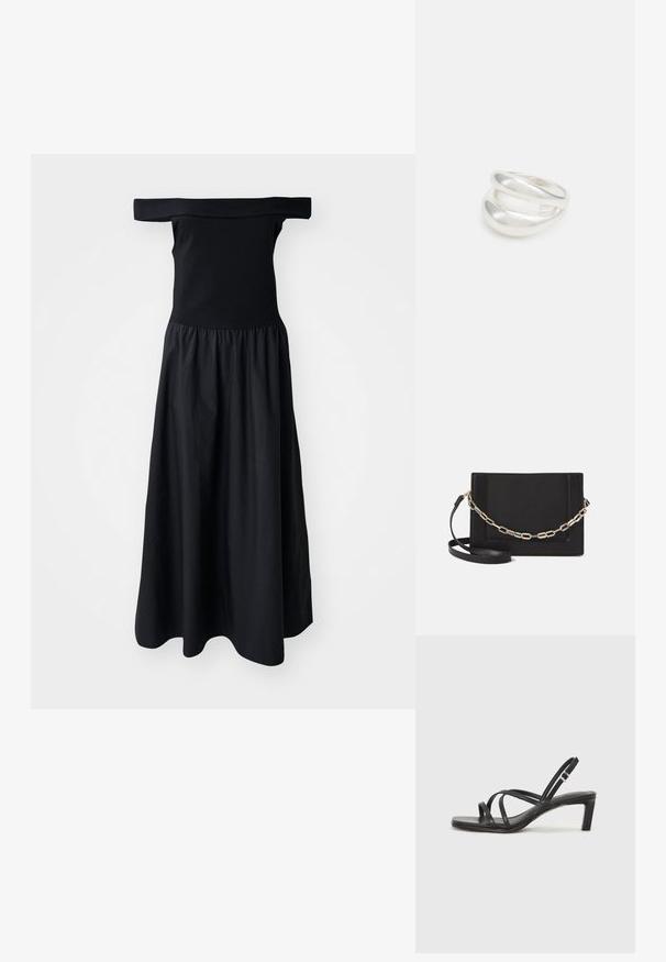 Robe noire dénudée des épaules avec un corsage ajusté et une jupe fluide froncée, fabriquée en tissu léger. Texture lisse, longueur mi-genoux.; Sandale noire à lanières avec un bout carré et un petit talon bloc. Elle présente plusieurs fines lanières et une sangle de cheville ajustable. Fabriquée en cuir lisse.; Sac bandoulière en cuir noir avec une texture lisse, de forme rectangulaire et un détail en chaîne métallique à l'avant. Sangle réglable incluse.; Bague en argent à double bande avec une surface lisse et polie. Présente un design fluide et courbé avec des sections qui se chevauchent pour un look moderne.