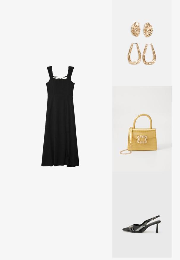 Robe noire avec décolleté carré, bretelles ondulées et fentes sur les côtés. Fabriquée en tissu texturé, elle présente un design fluide de longueur mi-mollet.; Chaussure slingback en cuir verni noir avec un embout pointu, des brides de cheville avec des boucles en argent et des éléments en métal, et un talon fin.; Sac à main en faux crocodile jaune avec un design structuré, une poignée supérieure, une bandoulière en chaîne amovible, et un ornement cristallin décoratif sur le fermoir.; Boucles d'oreilles dorées présentant des formes texturées et ondulées. Comprend des clips sculpturaux et un design de créoles ouvertes avec une finition martelée.