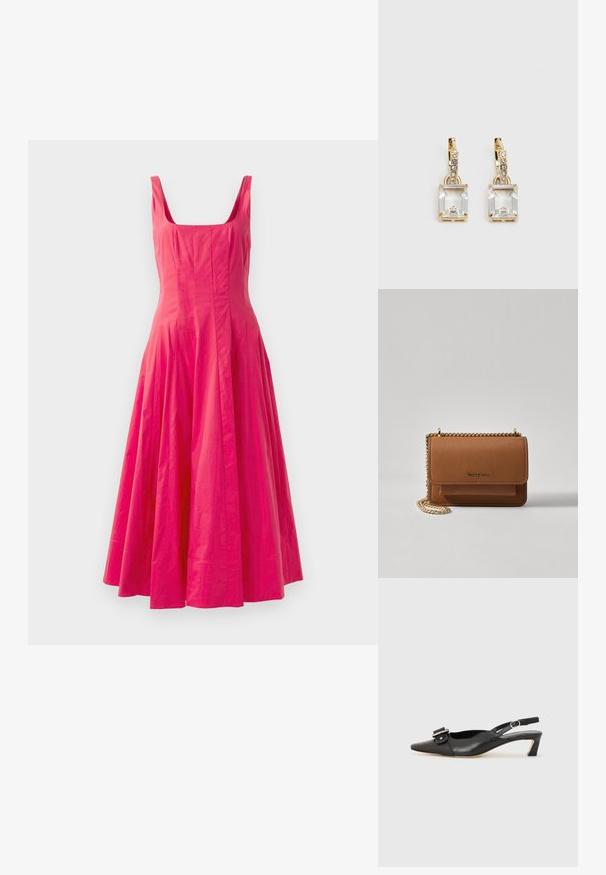 Roza brezrokavna obleka s kvadratnim izrezom in razširjeno krilo. Gladka tekstura z obiljem nabranega materiala v pasu, kar ustvarja obsežno silhueto.; Črne usnjene slingback čevlje z ostrim nosom, majhnim petam in dekorativno sponko na zgornjem delu. Gladka tekstura, minimalistična zasnova.; Rjava teksturirana usnjena torba čez ramo z zlatim verižnim trakom in zapiranjem na pokrov. Spredaj je vidna podrobnost logotipa in žep pod pokrovom.; Zlato obarvani uhani, ki vsebujejo pravokoten, prozoren kristal, obešen pod vrsto majhnih, okroglih prozornih dodatkov. Elegantna, moderna zasnova.