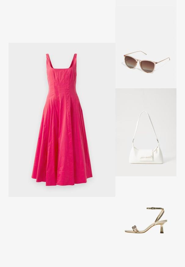 Ružičasta haljina bez rukava sa kvadratnim izrezom i lepršavim suknjom. Glatka tekstura s obiljem tkanine na struku, stvarajući voluminoznu siluetu.; Zlatni metalik visoki sandali s potpeticom, s naramenicom, dva uska prednja remena i blok potpeticom. Ima ukrasne detalje.; Smeđe gradient sunčane naočale s prozirnim ružičastim okvirom, kvadratnog oblika i tankim metalnim ručkama. Imaju zaobljene ivice i minimalne detalje.; Bijela sintetička torbica s trokutastim oblikom, ravnim prednjim poklopcem i detaljem u obliku mašne, podesivom remenom, glatkom teksturom i minimalističkim dizajnom.