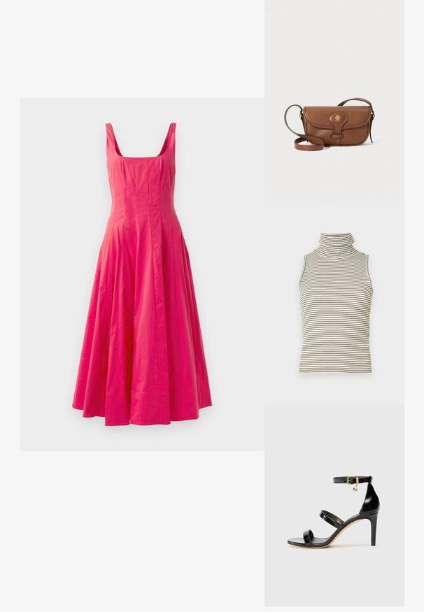 Ružové šaty bez rukávov so štvorcovým výstrihom a rozšírenou sukňou. Hladká textúra s dostatočným množstvom látky zhromaždenej v páse, čo vytvára objemný siluetu.; Halenka bez rukávov s vysokým golierom a vertikálnymi čierno-bielymi pruhmi, vyrobená z textúrovanej pleteniny.; Čierne lakované sandále s tromi pásikmi, spona na členku a 10 cm ihlovým podpätkom. Obsahujú zlaté detaily s hardwarem a logo prívesok.; Hnedá kožená taška cez telo s zakriveným klopom, zlatými doplnkami a dekoratívnym logom. Popruh je nastaviteľný a má hladkú textúru.
