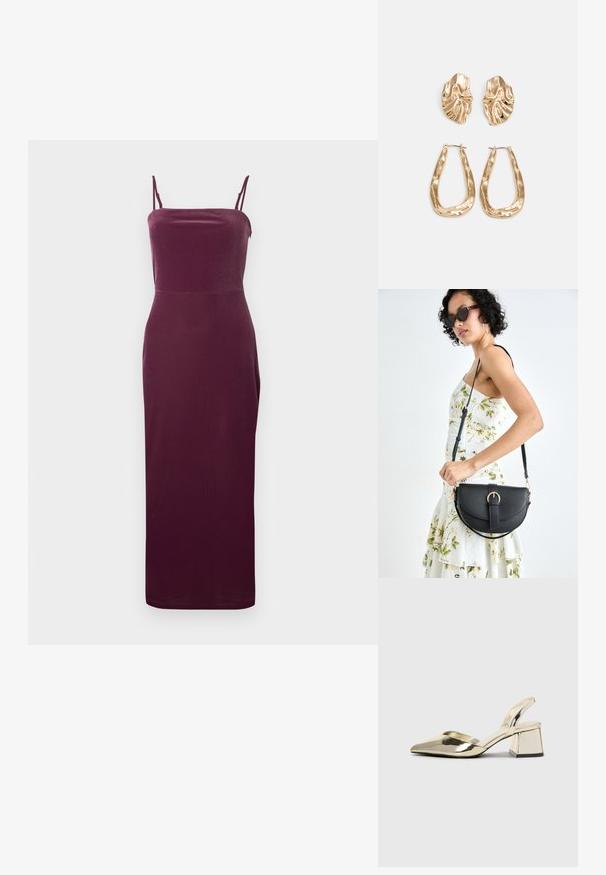 Vestido midi burgundy feito de tecido suave, com alças finas de espaguete e uma silhueta justa que afina em direção à bainha.; Sapatos de salto alto metálicos dourados, com biqueira em ponta e salto grosso. Textura suave, design minimalista e uma tira estreita.; Bolsa de couro preta com forma curva, alça destacável e detalhes em dourado. A bolsa possui uma aba com detalhe de fivela.; Brincos em tom de ouro com formas onduladas e texturizadas. Inclui studs escultóricos com presilha e um design de argola aberta com um acabamento martelado.
