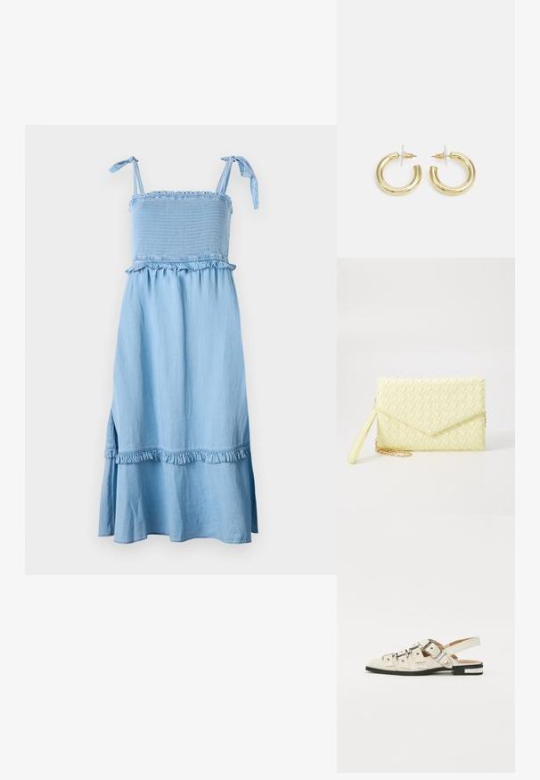 Svijetloplava haljina bez rukava s naboranim gornjim dijelom, volanima i lepršavom suknjom. Čini se da je tkanina mekana s blagim teksturiranim završetkom.; Sandalice sa zatvaračem u bijeloj koži s višestrukim širokim trakama i srebrnim kopčama; ravni potplat s malim crnim potpeticama i metalnim akcentima.; Žuta pletena novčanica s preklopnim dizajnom, odvojivim remenom za zapešće i zlatnim lancem kao ukrasom. Glatka tekstura i pravokutni oblik.; Zlatne kružne naušnice s glatkom, sjajnom završnom obradom. Kružni dizajn s malom potporom i prozirnom podlogom za sigurno nošenje.