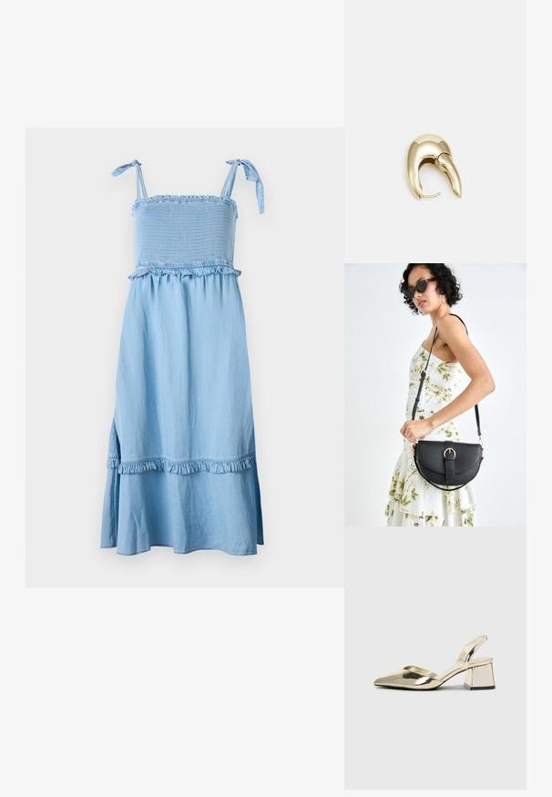 Gaiši zila bez piedurknēm kleita ar smoko tipu topu, ar volāniem un izlocītu svārku. Audums izskatās mīksts ar nedaudz teksturētu apdari.; Zeltaini, metāla kurpes ar siksniņām, norakans purngalis un masīla papēdis. Gluda tekstūra, minimālisma dizains un šaura siksna.; Melnas ādas rokassoma ar izliekta formu, noņemamu siksnu un zelta aksesuāriem. Somai ir vāciņš ar sprādzes detaļu.; Zeltīti metāla auskari ar gludu, izliekta dizaina. Ar atšķirīgu smailu formu, pulētu virsmu un eņģu aizdari.