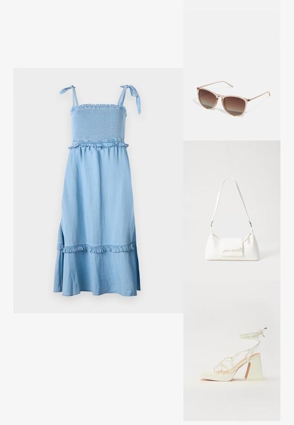 Svetlo modra brezrokavna obleka s smockanim korpusom, volanastimi poudarki in razširjenim krilom. Tkanina se zdi mehka z rahlo teksturirano površino.; Bela sandala na visokih petah s debelim petam, ki ima obliko trakcev in vezanje okoli gležnja. Gladka tekstura z platformo spredaj za dodatno višino.; Rjavi gradient sončna očala s prozornim roza okvirjem, kvadratne oblike in tankimi kovinskimi ročaji. Imajo zaobljene robove in minimalne detajle.; Bela sintetična torbica v obliki trikotnika, z ravnim sprednjim poklopcem in detajlom mašne, nastavljivim trakom, gladko teksturo in minimalističnim dizajnom.; Bela sintetična torbica v obliki trikotnika, z ravnim sprednjim poklopcem in detajlom mašne, nastavljivim trakom, gladko teksturo in minimalističnim dizajnom.