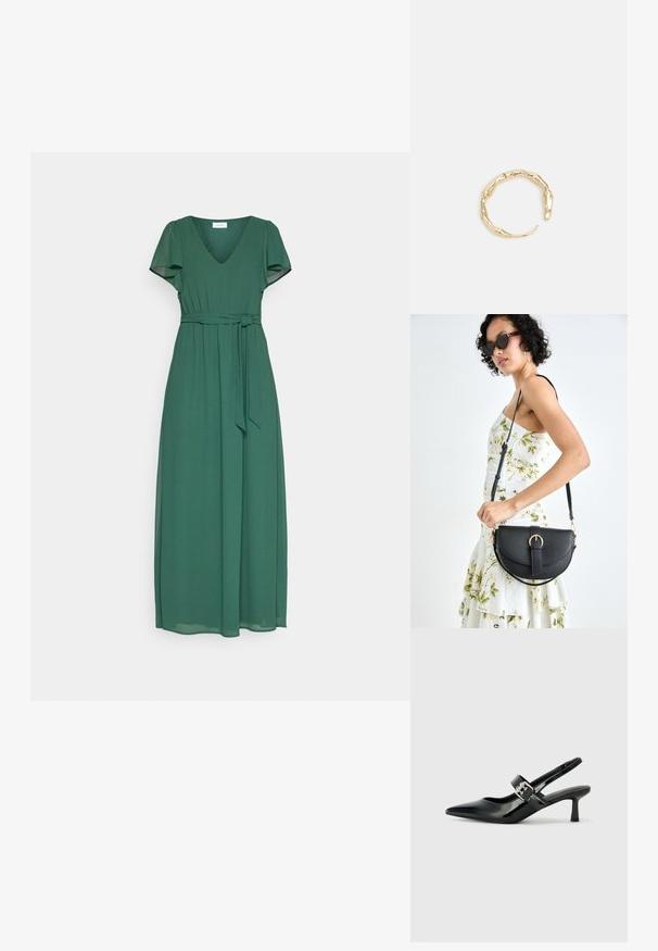 Zelena, dolga maksi obleka s kratkimi razpršenimi rokavi, z ovratnikom v obliki V, prilegajočim pasom in ustreznim pasom iz istega materiala, vezanim v pasu. Gladka tekstura.; Črne patent usnjene slingback pete s koničastim nosom in majhnim blok peto, ki vključujejo srebrno zaponko na traku.; Črna usnjena torbica s ukrivljeno obliko, z odstranljivo naramnico in zlatimi dodatki. Torbica ima pokrov s podrobnostmi v obliki zaponke.; Zlati prstan s organskim, zvitim dizajnom, gladko površino in taperiranimi konci, ki ustvarja modernega, skulpturalnega videza.