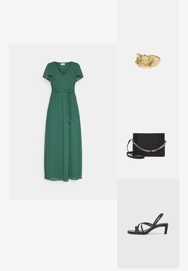 Roheline, pikk maxi kleit lühikeste lendlevate varrukatega, V-dekoltee, klammerduv vöökoht ja samast kangast vöö, mis on taljes seotud. Sile tekstuur.; Mustast rihmajalatsid ruudukujulise varba ja madala ploki kontsaga. Omab mitmeid õhukesi rihmasid ja reguleeritavat pahkluu rihma. Valmistatud siledast nahast.; Mustast nahast õlakott, mis omab siledat tekstuuri, ristküliku kuju ning esiküljel metallketi detaili. Reguleeritav rihm on kaasas.; Kuldne sõrmus tekstureeritud, lainelise disainiga, millel on kolm silmapaistvat tippu. Sile, läikiv pind ja avatud riba, mis võimaldab reguleeritavat sobivust.