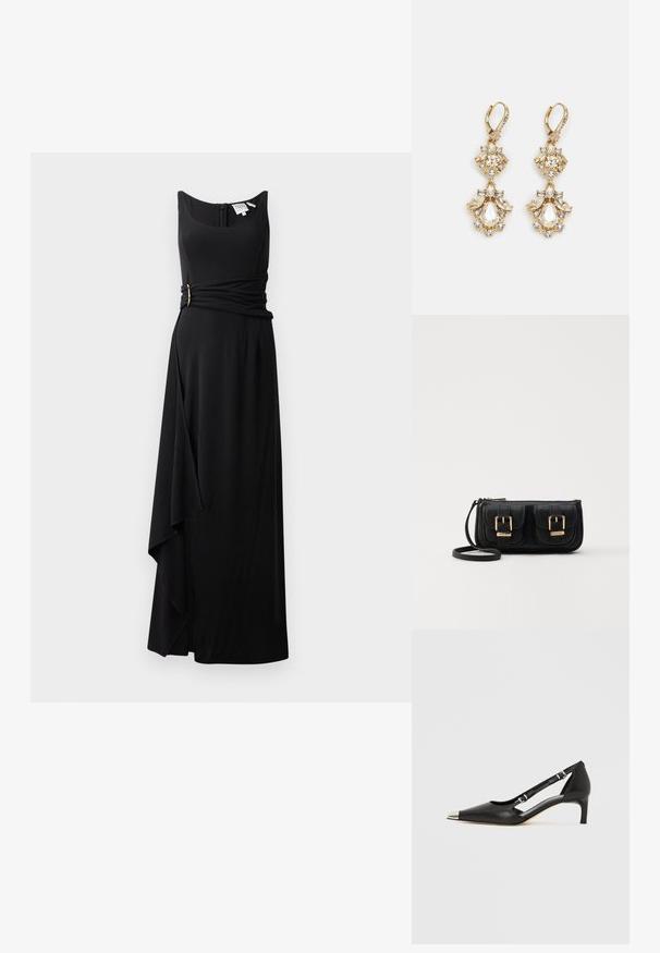 Black sleeveless dress with a fitted top, wrap-style waist featuring a gold accent, and an asymmetrical hem for a flowing silhouette.; Black leather kitten heel with pointed silver toe cap and dual buckle straps on a white background.; Black leather crossbody bag with two front pockets, gold buckles, zipper closure, and a slim strap. Textured surface and compact rectangular shape.; Gold-tone dangle earrings featuring a cluster design with round and teardrop-shaped clear crystals, showcasing intricate detailing.