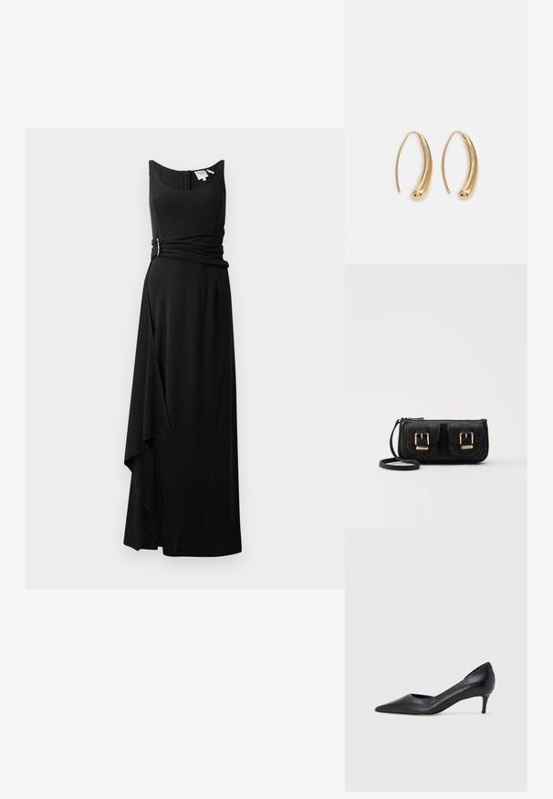 Black sleeveless dress with a fitted top, wrap-style waist featuring a gold accent, and an asymmetrical hem for a flowing silhouette.; Black leather pump with a pointed toe and low heel. Features a smooth texture and subtle sheen. Open cut at the front for added detail.; Black leather crossbody bag with two front pockets, gold buckles, zipper closure, and a slim strap. Textured surface and compact rectangular shape.; Gold-tone metal hoop earrings with a curved, elongated shape. Features a smooth, shiny surface and a rounded tip for added detail.
